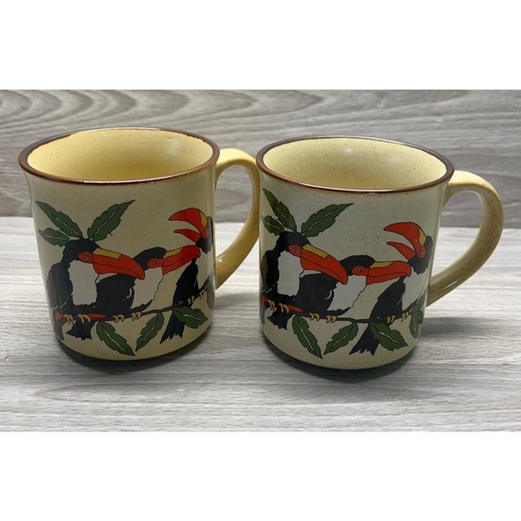 Toucan Bird Coffee Cups Mugs Vintage Set of 2 Jungle Trees - Picture 1 of 10